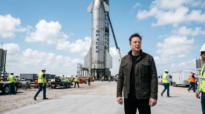 Elon Musk standing in front of a Starship rocket at a SpaceX launch site
