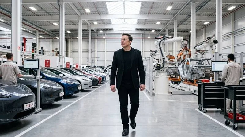 Elon Musk walking through a Tesla factory floor