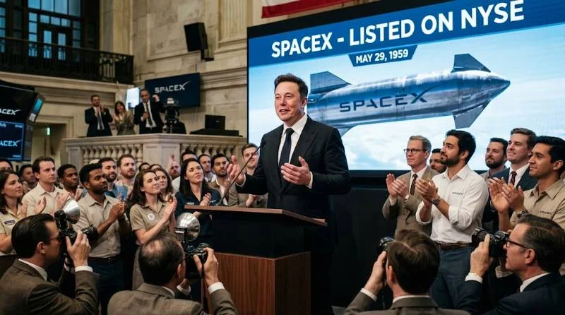 Elon Musk speaking at the SpaceX Nasdaq listing event in June 2026
