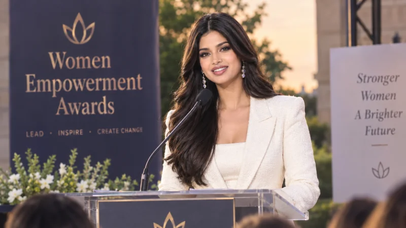 Harnaaz Sandhu speaking at a public event reflecting her career legacy