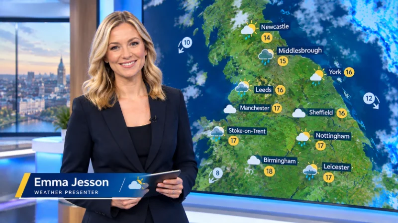 Emma Jesson presenting the ITV weather forecast in a television studio