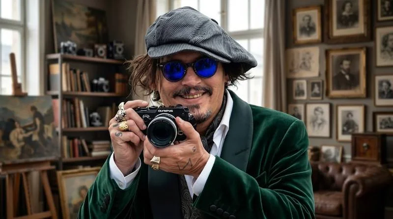 Johnny Depp in a long dark coat and boots walking down a city street