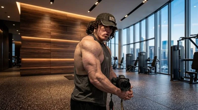 Sam Sulek filming a gym video on his phone