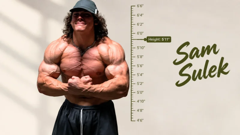 Sam Sulek standing in a gym, illustrating his listed height of 5'11"