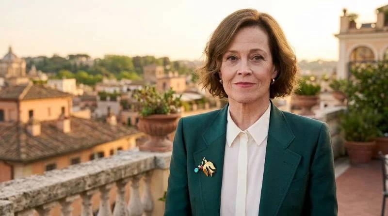 Sigourney Weaver rising to greet a reporter at an interview