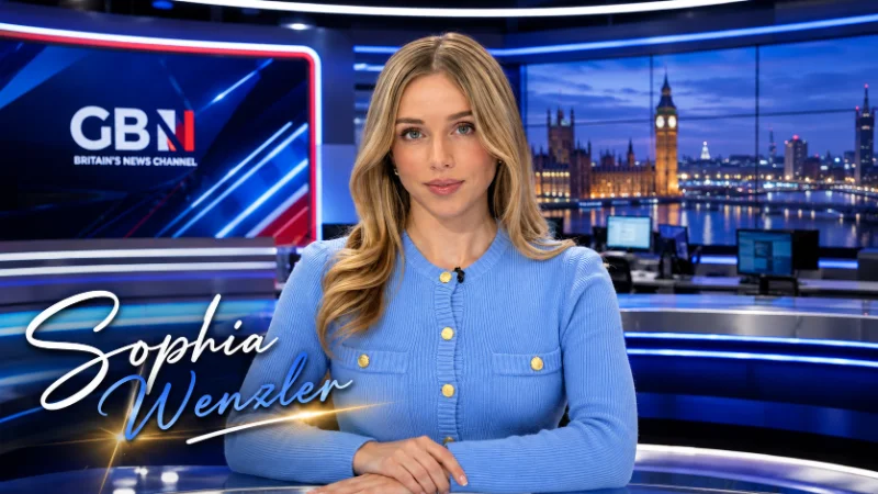 Sophia Wenzler presenting the news from a television studio desk